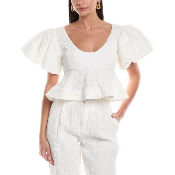 NWT Womens Ronny Kobo Jorden White Ruffled Textured Peplum Hem Cropped Top M - Picture 1 of 11